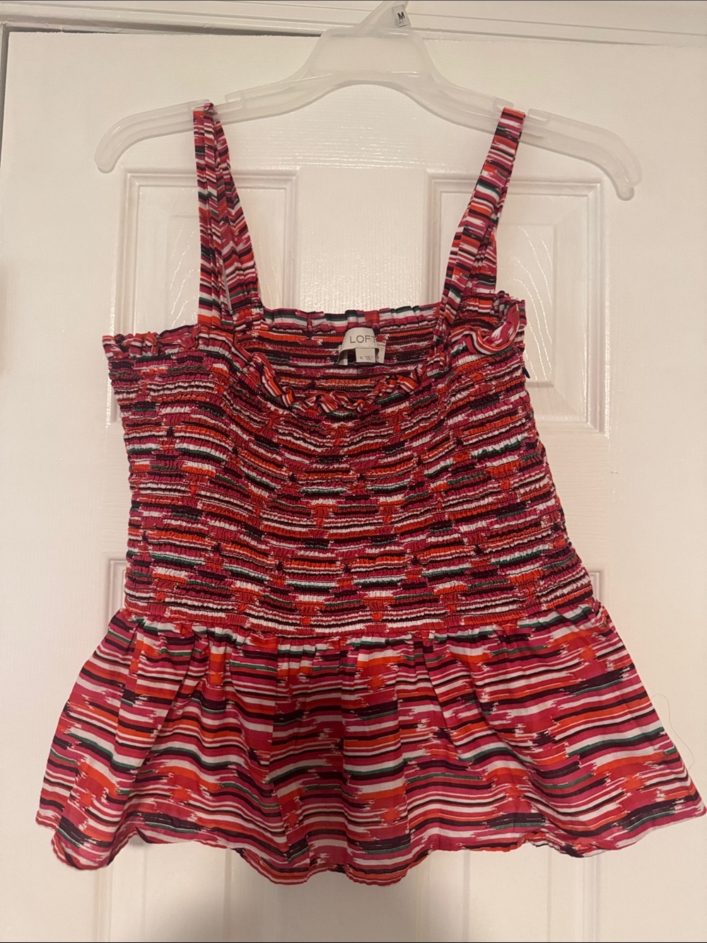 LOFT Red Pink Striped Smocked Peplum Camisole